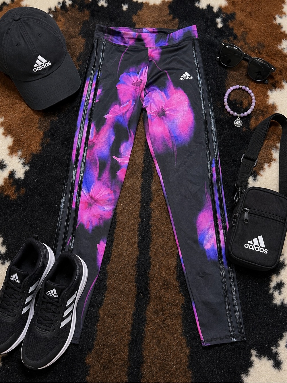 Adidas Girls Black Pink Purple Floral Athletic Leggings Size 14